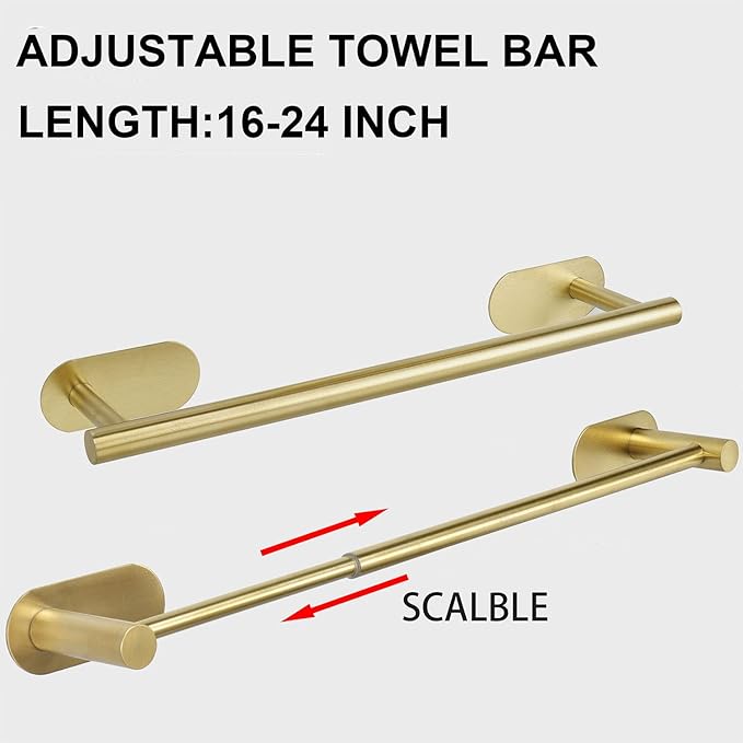 TocTen Self Adhesive Towel Bar, Stick Bath Towel Rack for Bathroom Adjustable 16-24", Stainless Steel Bathroom Towel Holder, No Drill Stick on Wall Towel Hangers for Bathroom(Brushed Gold)