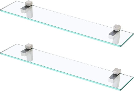 KES Glass Shelves for Bathroom, 24 Inches Bathroom Floating Shelf with Tempered Glass and Brushed Nickel Bracket Wall Mount 2 Pack, BGS3201S60-2-P2