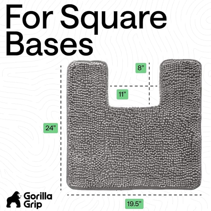 GORILLA GRIP Plush Absorbent Shaggy Chenille Bath Rug Mat for Square Toilet Base with Rubber Backing, Machine Washable Rugs, Soft Microfiber Contour Mats for Toilets, Bathroom Decor, Grey