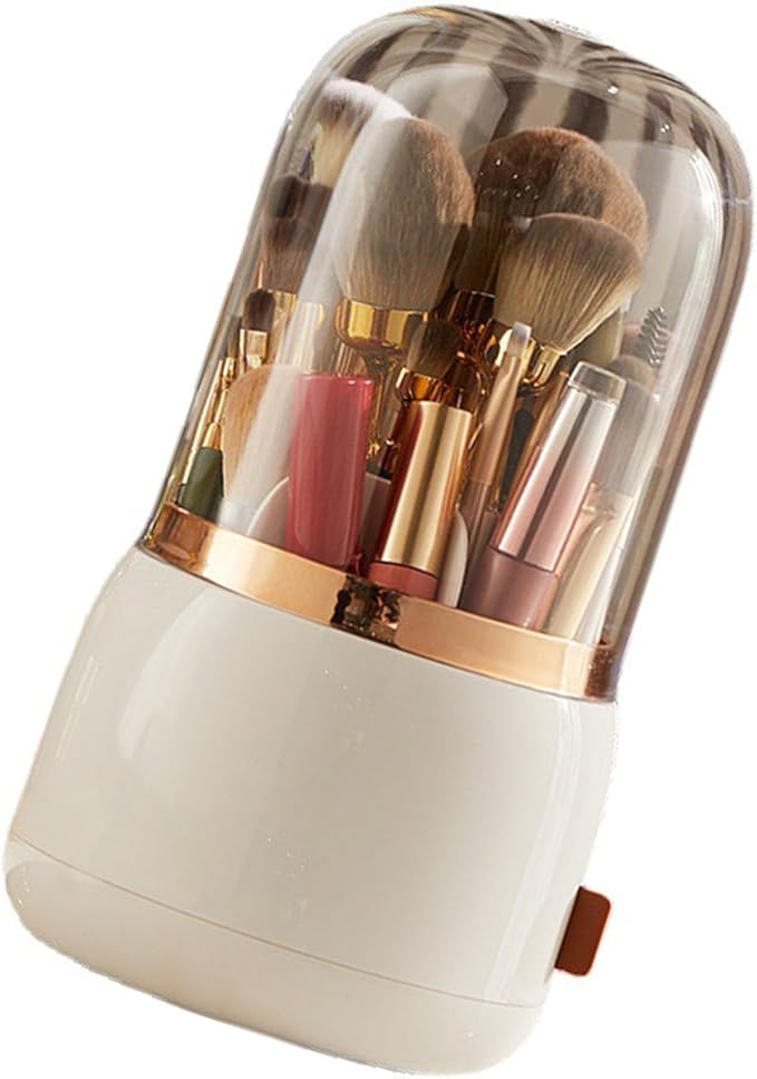 Makeup Brush Holder, Makeup Brush Organizer Makeup Brush Holder Organizer with Lid 360?? Rotating Makeup Storage for Home (White)