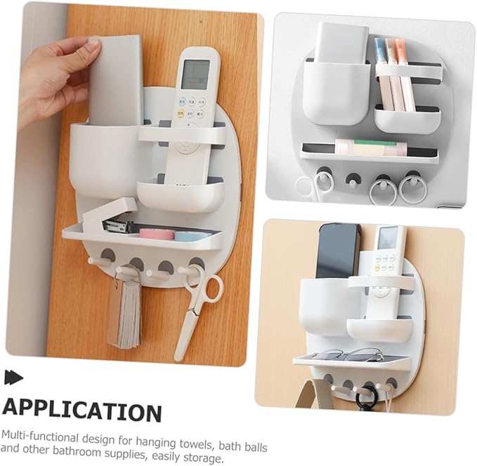 Alipis Remote Controller Stand Multi-Function Wall-Mounted Toiletries Shelf Three Compartments Storage Tray and Four Hooks for Bathroom Organization Easy Installation