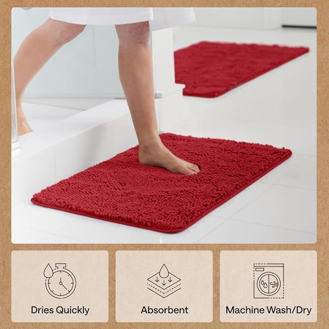 GORILLA GRIP Bath Rug Mat 60x24, Thick Soft Absorbent Chenille, Quick Dry Microfiber Mats, Rubber Backing Washable Shower Floor Rugs, Bathmat Runner, US Designed Bathroom Home Decor Accessories Red