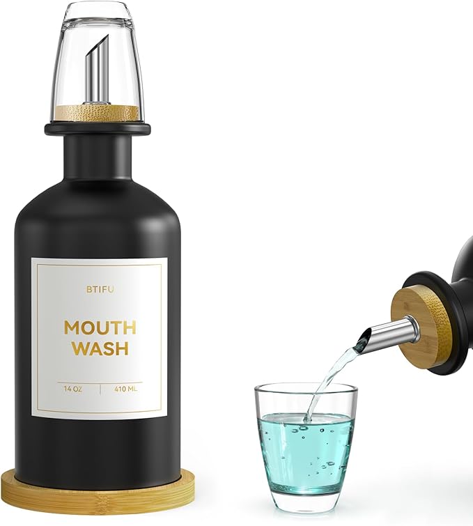 Black Glass Mouthwash Dispenser for Bathroom Countertop – 14oz/410ml Refillable Mouthwash Container with Glass Cup & Bamboo Tray, Modern Bathroom Decor for Home, Office, Airbnb (Black)