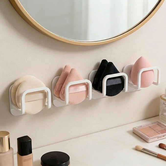 4pcs Adhesive Powder Puff Holder, No-Drill Wall Mounted Makeup Sponge Organizer, Bathroom Beauty Sponges Holder for Various Powder Puffs - Saves Counter Space (4.5 * 3.5 * 4.3cm)(White)
