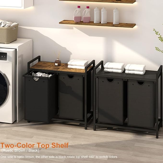 LAATOOREE Laundry Hamper, Two-Color 2 × 48L Laundry Basket with 2 Removable Laundry Sorter Bags and Top Shelf, Clothes Hamper for Laundry Room, Bathroom