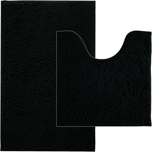 BOANKODU Bathroom Rug Sets, Absorbent Chenille Bath Rugs Non-Slip, 32x20 Inch + 20x20 Inch U Shape, Machine Washable (Black)