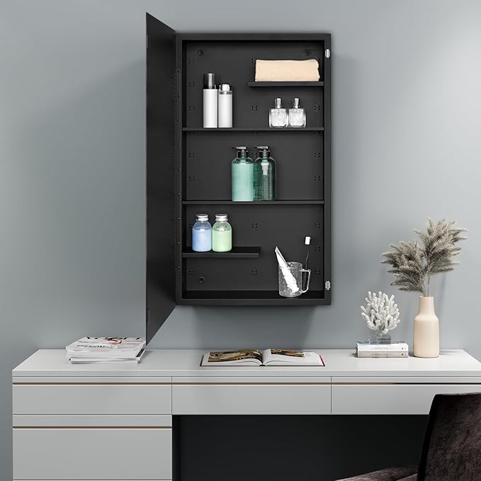 Fundin Black Medicine Cabinet Recessed or Surface Mount, Bathroom Medicine Cabinet with 20 x 36 Mirror Size and Adjustable Staggered Shelves
