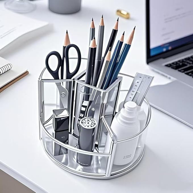 360° Rotate Makeup Brush Holder, Makeup Organizers Countertop, Perfume Tray, Bathroom Organizer and Storage for Eyeliner,Lipstick, Lazy Susan Organizer for Vanity Cabinet Dresser Bathroom (Silver)