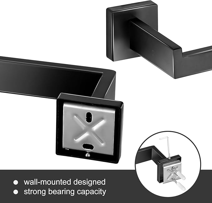 10 Pieces Bathroom Hardware Accessories Set 16 Inch Wall Mounted Towel Bar Set Matte Black Towel Rack Rings Stainless Steel Toilet Paper Holder Bath Coat Hooks