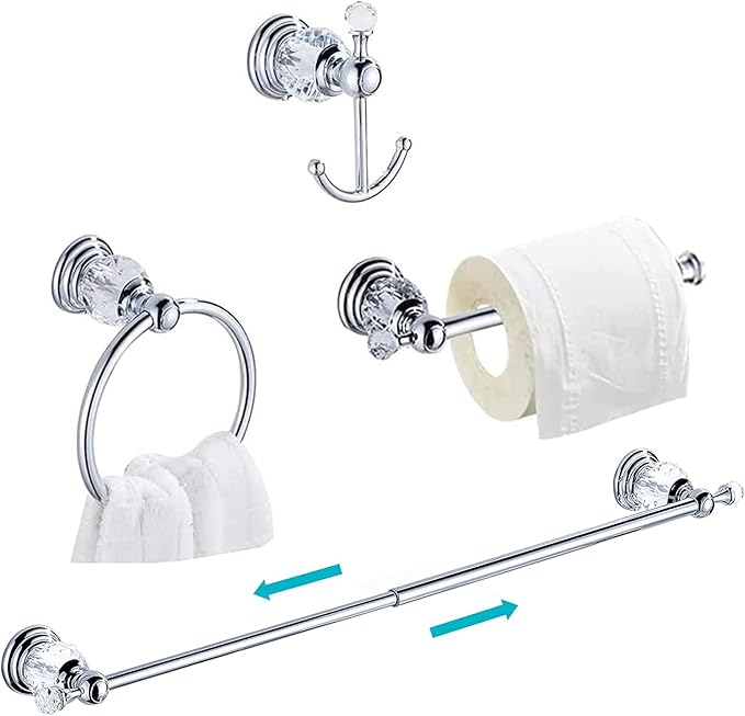 Leyden Crystal Bathroom Hardware Set, Chrome Bathroom Accessories Silver Towel Ring Towel Bar Toilet Paper Holder Coat Hooks Wall Mounted Polished 4 Pieces with Crystal Ball Base Designed