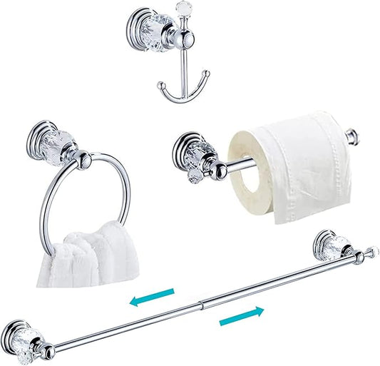 Leyden Crystal Bathroom Hardware Set, Chrome Bathroom Accessories Silver Towel Ring Towel Bar Toilet Paper Holder Coat Hooks Wall Mounted Polished 4 Pieces with Crystal Ball Base Designed