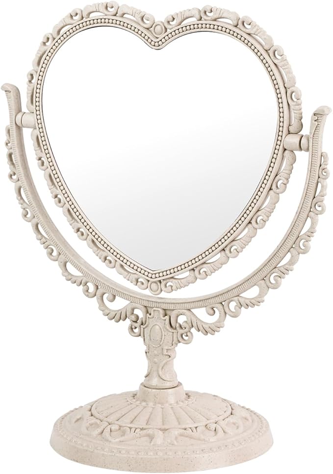 Heart Shaped Cute Vanity Princess Mirror for Desk,Double-Sided Rotatable Table with Stand Downtown Girl Room Coquette Decor (Beige)