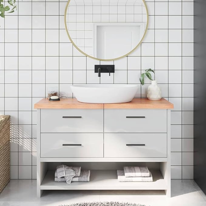 Light Brown Solid Oak Wood Bathroom Countertop 47.2"x11.8"x(0.8"-1.6") Treated Vanity Top with Live Edge for Shelf Desk Table Handmade Durable Construction