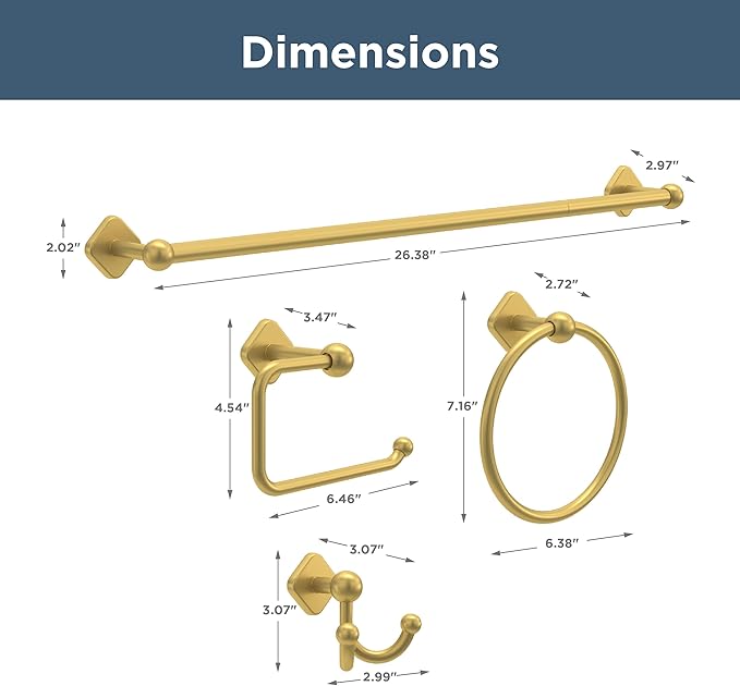 Franklin Brass Gainesville 4-Piece Bathroom Set Satin Gold 18" + 6" Towel Rack, Toilet Paper Holder, Hand Towel Holder, Hook | 4-Piece Bath Hardware Accessories Set GNV64-SG