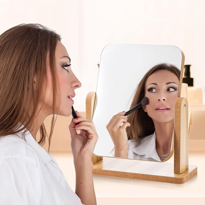 DEAYOU 2 Pack Vanity Mirror with Wood Stand, 360 Degree Rotation Makeup Mirror, Small Standing Swivel Cosmetic Mirror, Portable Wood Tabletop Mirror for Desk, Make Up, Gift, High-Definition