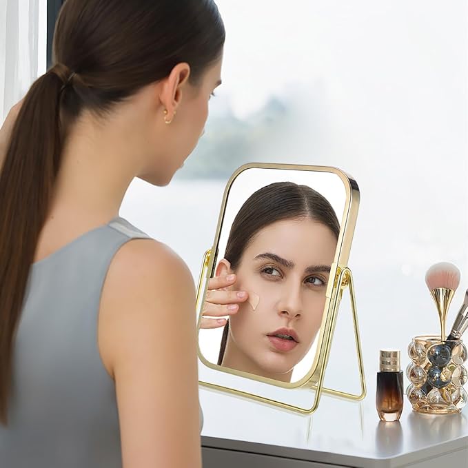 Mipcase Double-Sided Makeup Mirror with Stand: 360 Degree Swivel Tabletop Vanity Mirror with 1X / 2X Magnification for Dressing Table Bedroom Bathroom, 7.86X6.09X1.18in