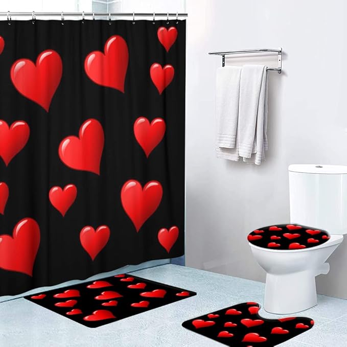 LOKMU 4 Pcs Shower Curtain Sets with Non-Slip Rugs, Toilet Lid Cover and Bath Mat,Black and Red Hearts Waterproof Shower Curtain with 12 Hooks, Bathroom Decor Sets, 72" x 72"