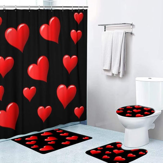 LOKMU 4 Pcs Shower Curtain Sets with Non-Slip Rugs, Toilet Lid Cover and Bath Mat,Black and Red Hearts Waterproof Shower Curtain with 12 Hooks, Bathroom Decor Sets, 72" x 72"