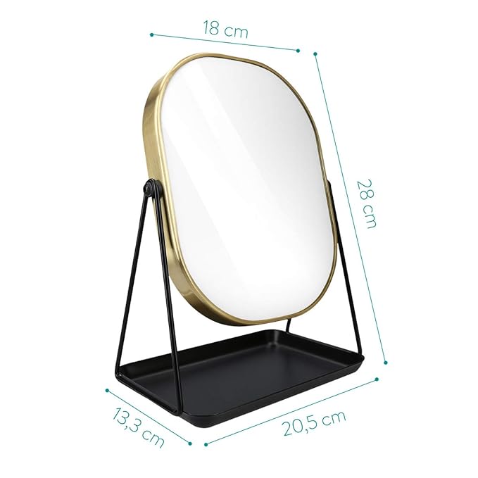 Navaris Vanity Mirror with Tray - Table Top Mirror with Metal Stand and Storage - 7" x 9" Mirror Size - for Makeup, Tabletop, Desk - Gold Finish