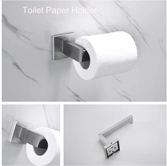 5-Piece Brushed Nickel Bathroom Hardware Accessory Set Including 24inch Towel Bar Toilet Paper Holder Towel Holder Robe Hook Premium SUS 304 Stainless Steel Wall Mounted Square Style,Rustproof