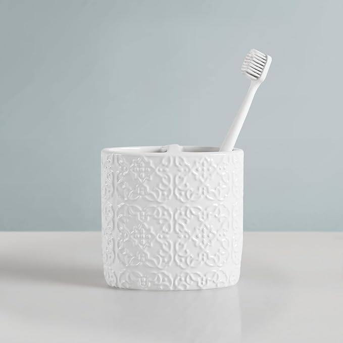 Martha Stewart Ceramic Bathroom Accessories Set, Vanity Decor Storage Organizer, Embossed Damask Medallion, Lotion/Soap Dispenser, Toothbrush Holder, Tumbler, Trinket Dish, Assorted Sizes White