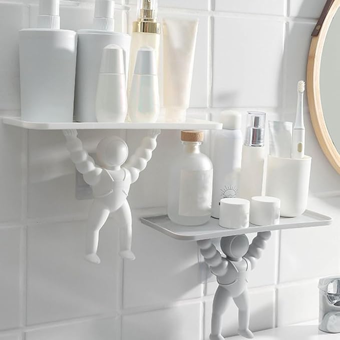 BESPORTBLE Nail-Free Wall-Mounted Rack Storage Shelves for Bathroom Cosmetics and Sundries Organizer, 2pcs Set White Gray, Space Astronaut Decorative Multi-Use Hanging Shelf for Home Wall