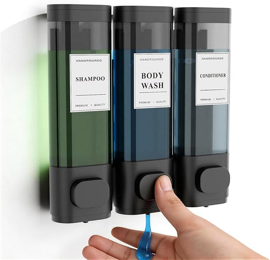 Shampoo and Conditioner Dispenser – Wall-Mounted Shower Soap Dispenser, No-Drill Installation, Lockable, 900 ml Capacity,for Bathroom & Hotel or Airbnb (Black, 3-Pack)