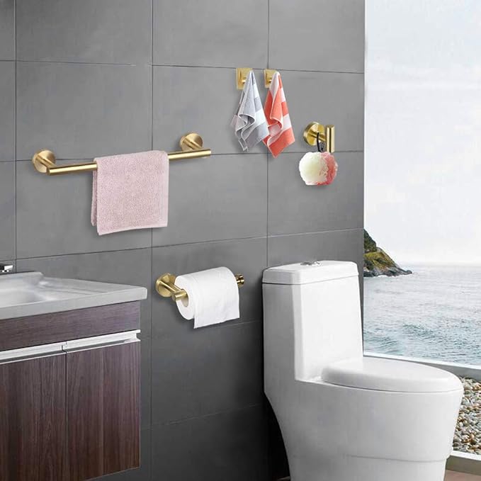 TocTen 5 PCS Bathroom Hardware Set SUS304 Stainless Steel-Towel Rack Set Include Lengthen Hand Towel Bar+Toilet Paper Holder+3 Robe Towel Hooks Bathroom Accessories Towel Bar Set(Brushed Gold,16IN)