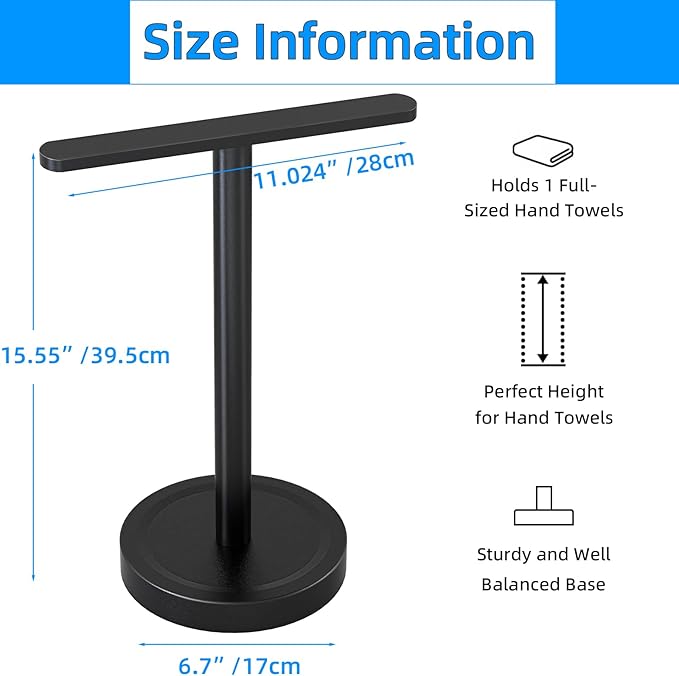 Heavy Duty Hand Towel Holder Stand, Stainless Steel Hand Towel Holder Rack for Bathroom Countertop, Weighted Base T-Shape Free Standing Towel Bar for Bathroom Kitchen Vanity Countertop, Matte Black