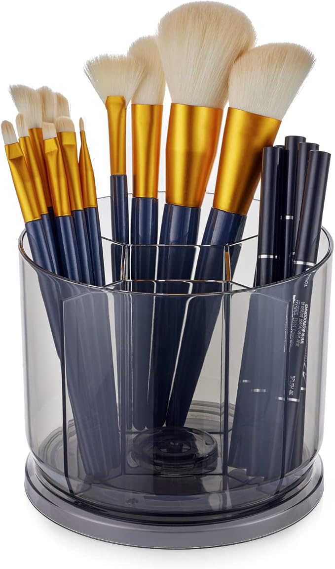 Makeup Brush Holder Organizer -Rotating 360?? Clear Storage Cup Containers for Vanity, Desk, Countertop, Spinning Pen Holder for Desk, Round Make up Brush Stand with 5 Slots, for Cosmestics (Grey)