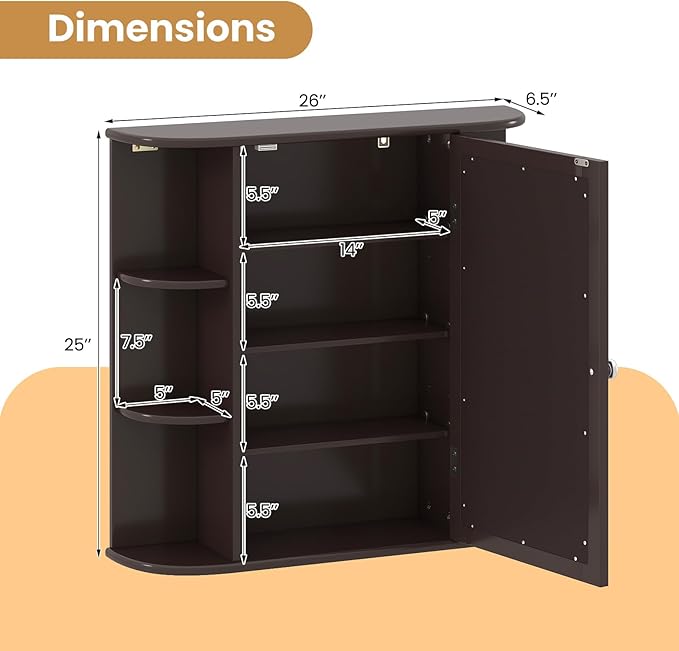 COSTWAY Medicine Cabinet with Mirror, Wall Mounted Bathroom Storage Cabinet with Mirror Door and Adjustable Shelves, Space-Saving Storage Organizer for Living Room Kitchen Entryway (Brown)