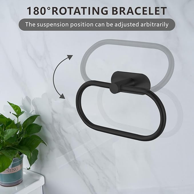 Towel Bar/Bath Towel Ring, Self Adhesive Hand Towel Ring for Bathroom, Stainless Steel Sticky Hand Towel Holder, No Drilling Modern Round Towel Hanger Wall Mounted (2 Pack, Black)