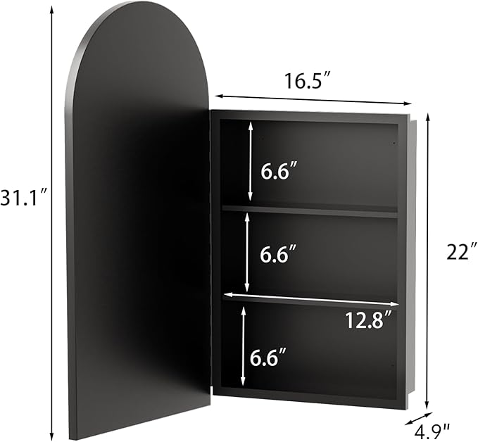 Medicine Cabinet with Mirror,Bathroom Wall Cabinet with Adjustable Shelves Arch Metal Storage Cabinet for Bathroom Bedroom (No Assembly Required) Black 16.5 * 31.1''