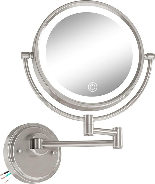 10" Large Wall Mounted Magnifying Mirror with Light, Hard Wired 1X/5X Double-Sided LED 3 Color Lighting Touch Dimmable Extended Arm 360 Rotation Vanity Mirror for Bathroom, Brushed Nickel