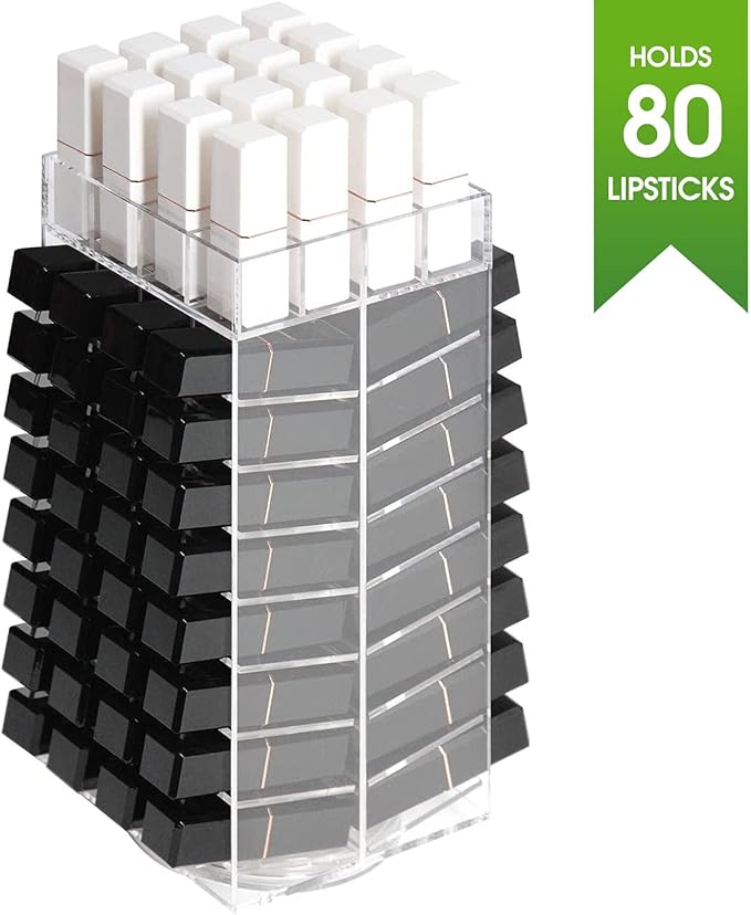 JackCubeDesign 360 Rotating Lipstick Clear Acrylic Display Rack Organizer Stand Lazy Susan Makeup Cosmetics Storage Case Box Carousel Stunning Shelf with 80 Compartments – :MK391A