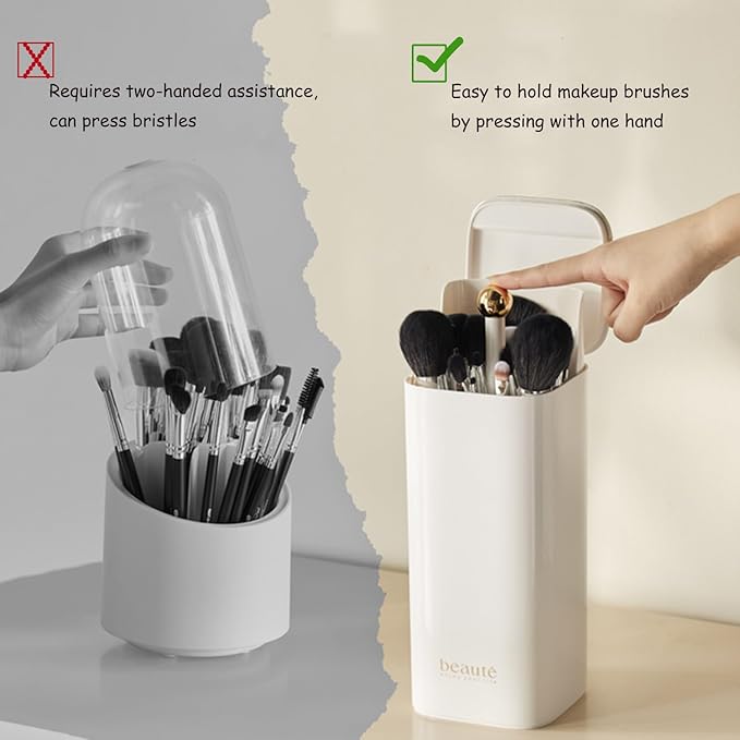 Makeup Brush Holder with Lid, Automatic Lifting Waterproof Dustproof Makeup Brushes Organizer for Vanity Desktop Bathroom Countertop(White)