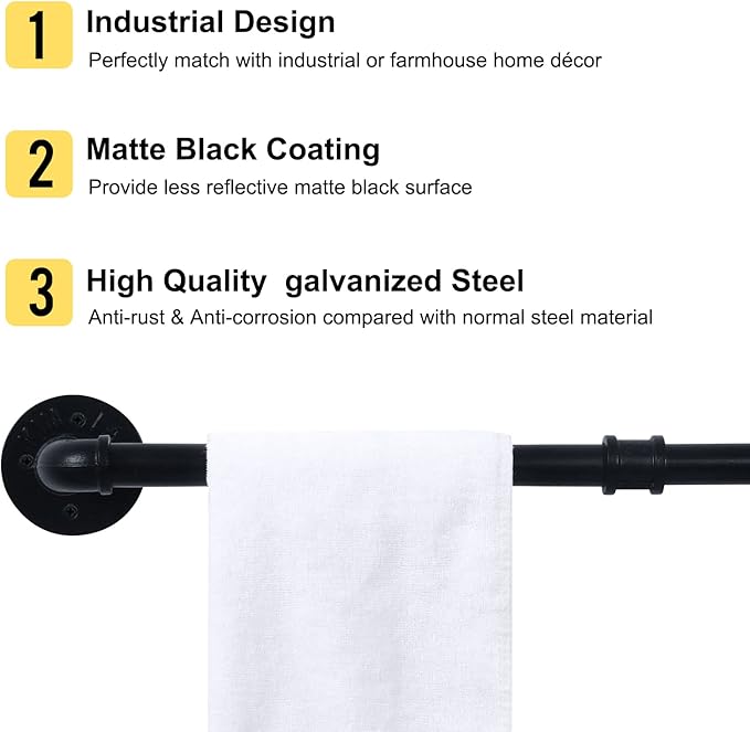 HouseAid 48 Inch Industrial Pipe Towel Bar, Farmhouse Iron Hand Towel Holder, Vintage Style Towel Rod for Bathroom, Wall Mounted, Matte Black (Hook Included)