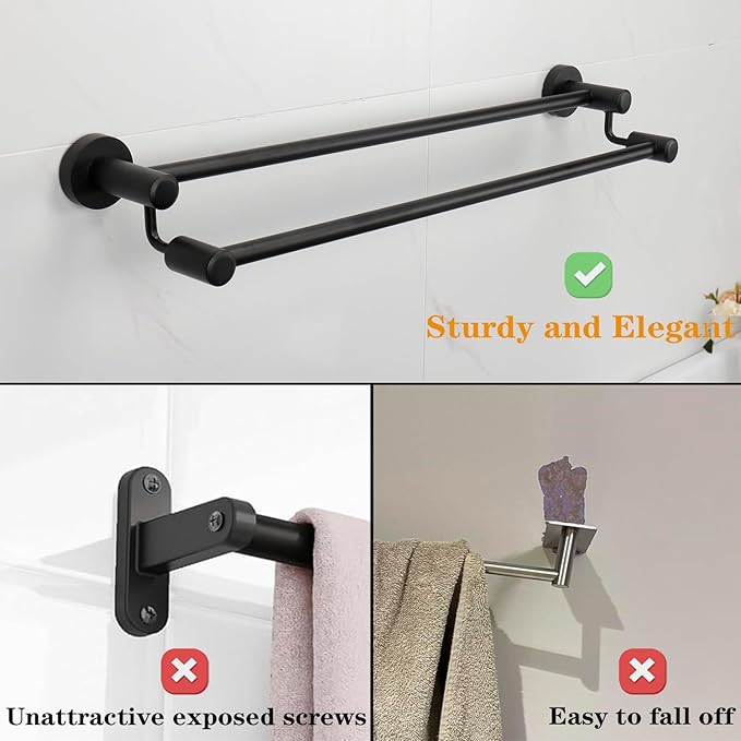 TocTen Double Bath Towel Bar - Thicken SUS304 Stainless Steel Towel Rack for Bathroom, Bathroom Accessories Double Towel Rod Heavy Duty Wall Mounted Towel Holder (Black,24IN)