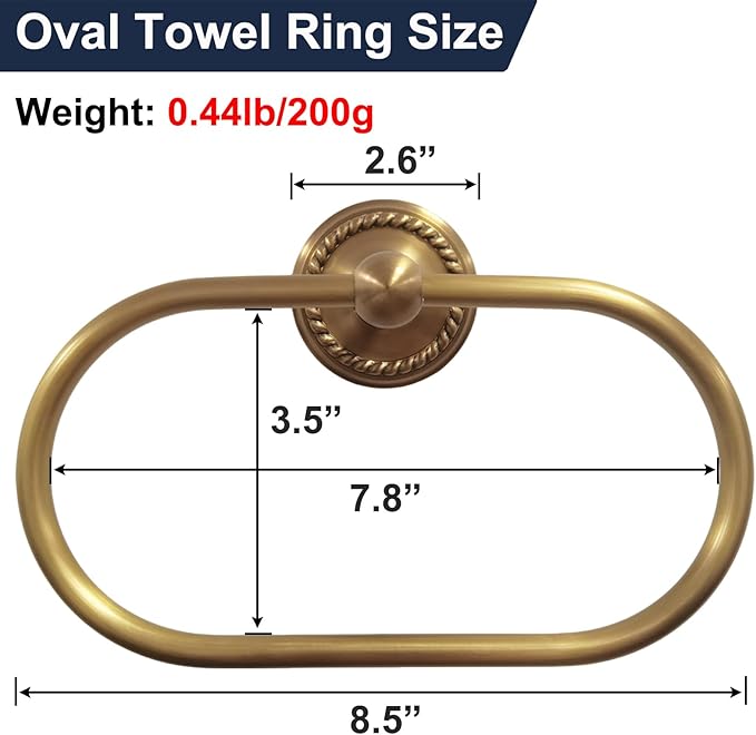 Oval Towel Ring, Antique Brass Towel Holder for Bathroom Wall Mounted, Gold Hand Towel Ring, Oval Towel Rack Hanger for Bath, Kitchen