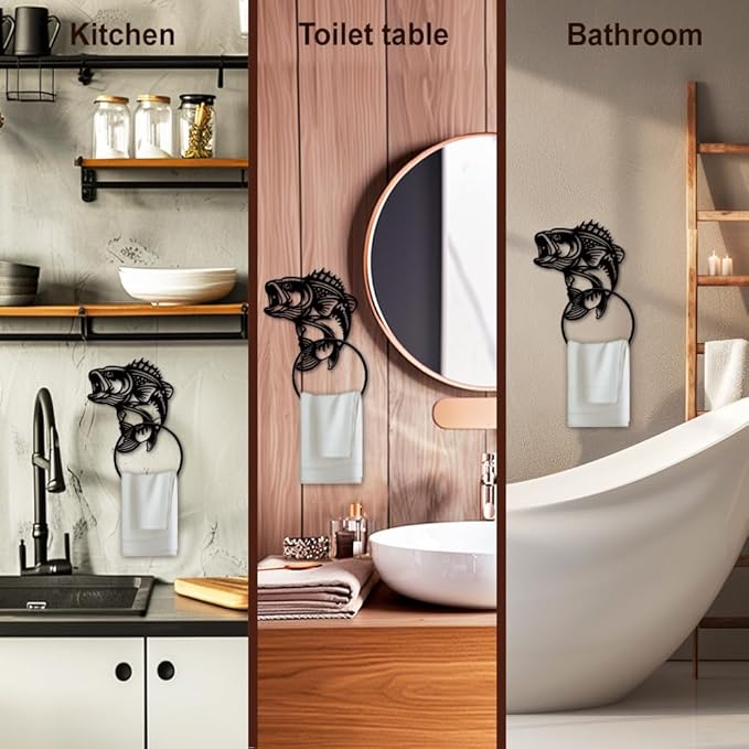 MAYJOYDIY Fish Metal Towel Ring Fishing Theme Towel Holder Animal Bath Towel Ring for Wall Black Art Towel Rack Wall Mounted for Bathroom Kitchen Towel Hanger Home Decors Gift