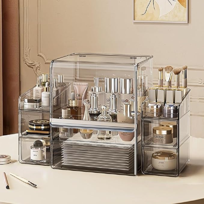 Makeup Organizer with Lid Drawers Translucent Skincare Holder Large Capacity Cosmetics Countertop Storage Box for Vanity Easy Visibility Dustproof (Silver Dark,Large + Brush + Cream Organizer)