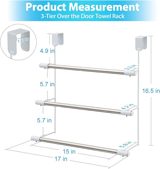 Over The Door Towel Racks for Bathroom, No-Drill Behind Door Organizer, 3-Tier Metal Towel Holder, Glass Shower Room Door Hanger Towel Bar for Hanging, Drying, Renter Friendly Space Saver, Anti-Rust