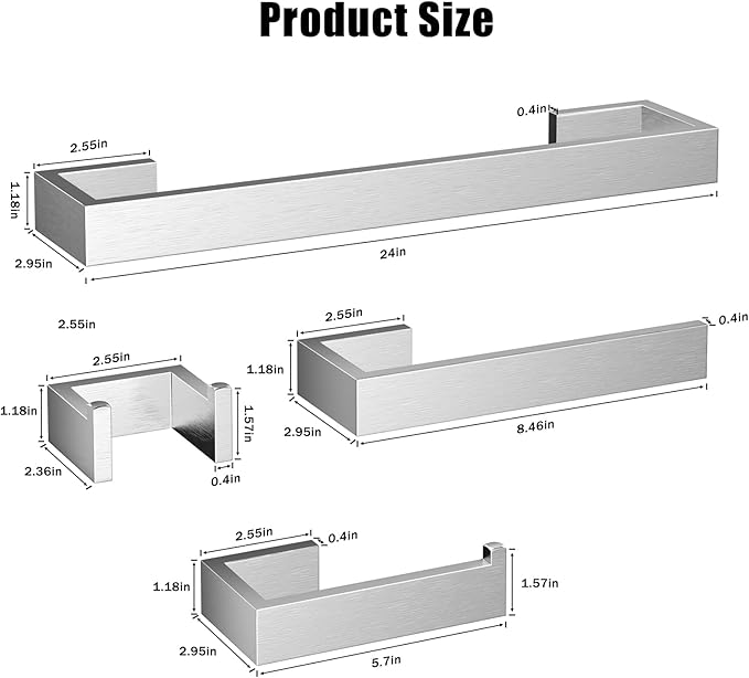 4 Pcs SUS304 Stainless Steel Bathroom Accessories Set, 24" Towel Bar, Towel Holder, Toilet Paper Holder, Robe Hook, Minimalist Design for All Styles Bathrooms (Brushed Nickel)