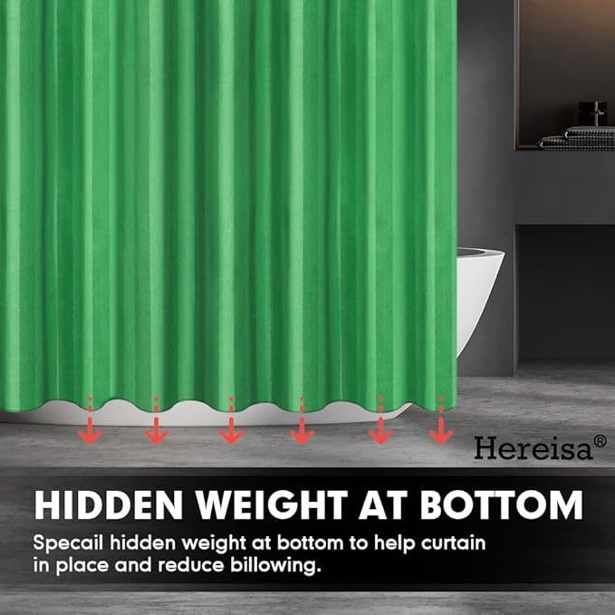 Strip Green Fabric Shower Curtain with Magnets - 85 GSM Heavy Duty Waterproof Bath Curtain, 12 Reinforced Metal Grommets (72x72 Inches)