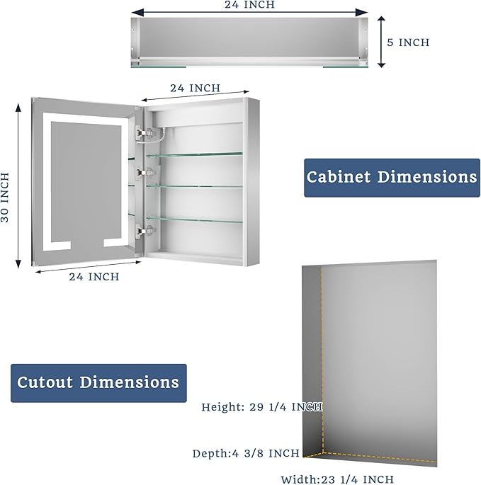 ExBrite LED Lighted Bathroom Medicine Cabinet with Mirror, 24 x 30 Inch, Recessed or Surface Mount, Anti-Fog, Stepless Dimming, Color Temperature Adjustment, 2 Outlets, Storage Shelves, Left Hinge