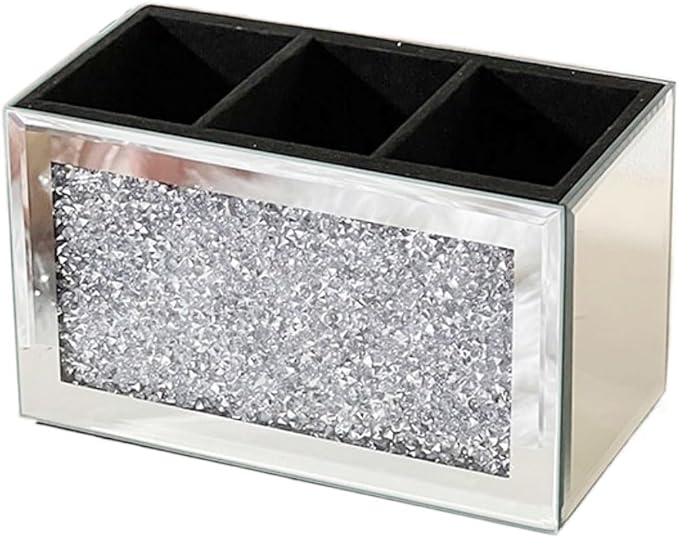 Luxury Rhinestone Mirror Makeup Brush Storage Holder - Elegant Organizer for Brushes, Eyeliners, and Cosmetics - Multi-Functional Makeup Caddy with Plush Interior (Silver)