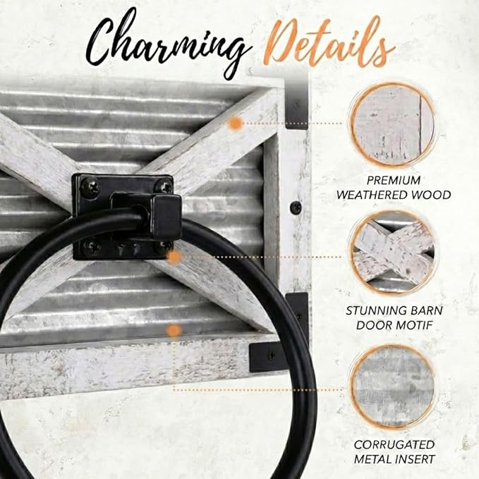 Autumn Alley Farmhouse White Hand Towel Holder Ring with Bracket - Rustic Hand Towel Holder - Towel Rings for Bathroom Wall Mounted Decor Mix of Wood, Galvanized Metal & Black Rings, White