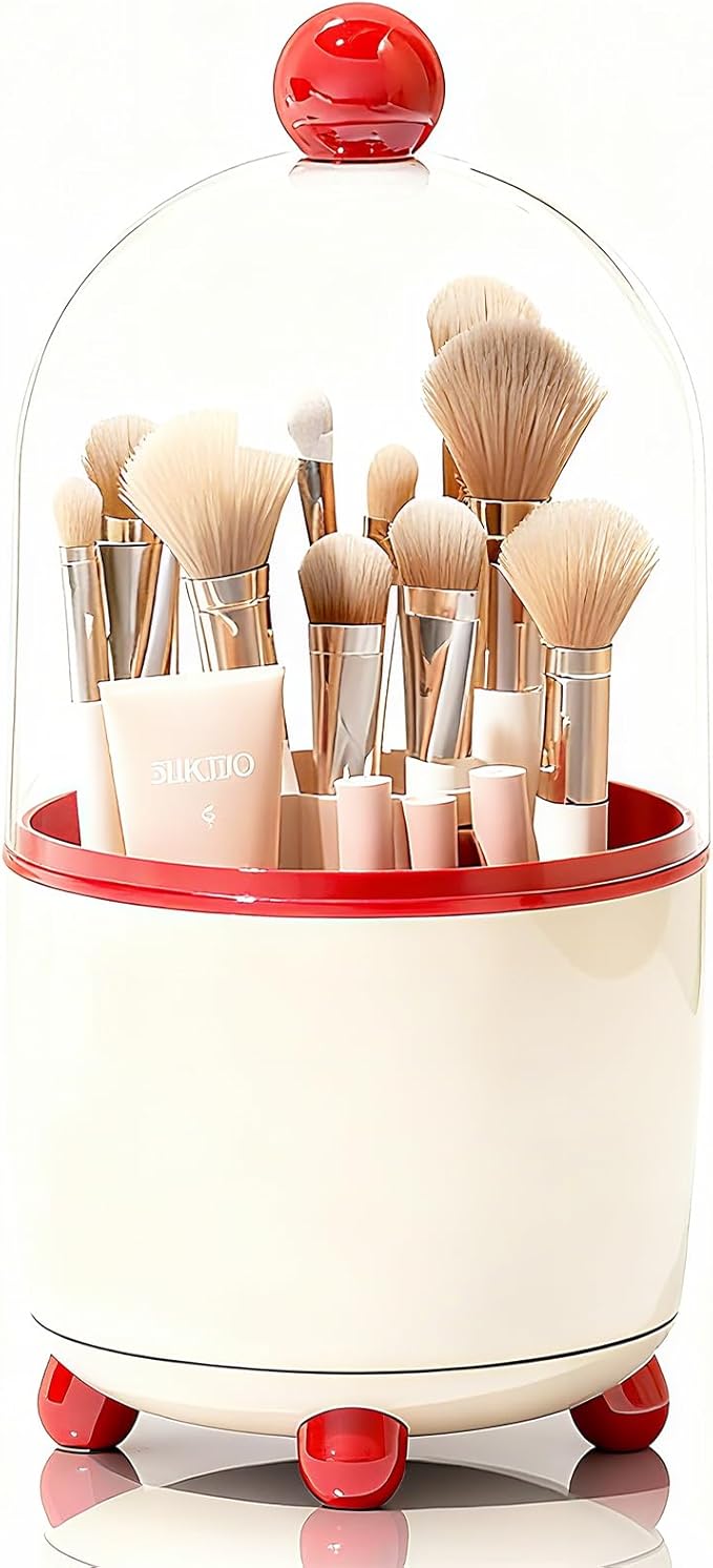 Makeup Brush Holder with Lid, Cosmetic Tools Organizer with Cover, 360?? Rotating Sliding Opening Dustproof Brushes Container for Vanity, Ideal Gift for Girlfriend Wife Friends (Red)