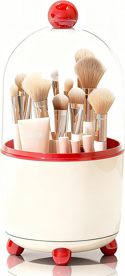Makeup Brush Holder with Lid, Cosmetic Tools Organizer with Cover, 360?? Rotating Sliding Opening Dustproof Brushes Container for Vanity, Ideal Gift for Girlfriend Wife Friends (Red)