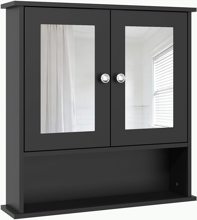 Panana Wall Mounted Bathroom Cabinet Wall Cabinet with 2 Mirrored Doors and Open Compartment, Inner Adjustable Shelf, 22" x 5.1" x 22.8" (Black)